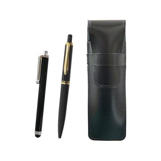 2 Pack Slim Genuine Leather Pen Case Black, Stylus, Euro Style Brass Parts, Knock Type Mechanical Pencil Set, Black T23-ASB708-NXS-B-2, Genuine