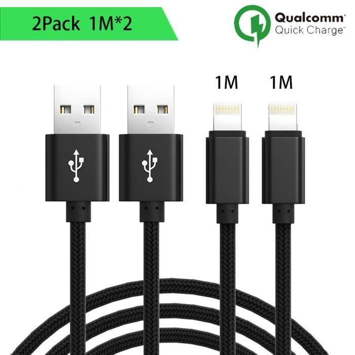 Câble pour iPhone - Nylon - 1M - Lot de 2 - Compatible avec iPhone 5 à 11 Pro Max - USB