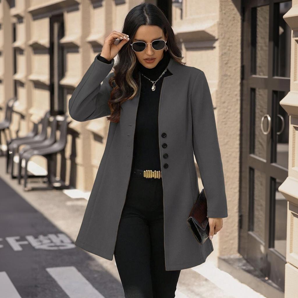 Women's Elegant Mid-Length Wool Trench Coat with Stand Collar Outerwear