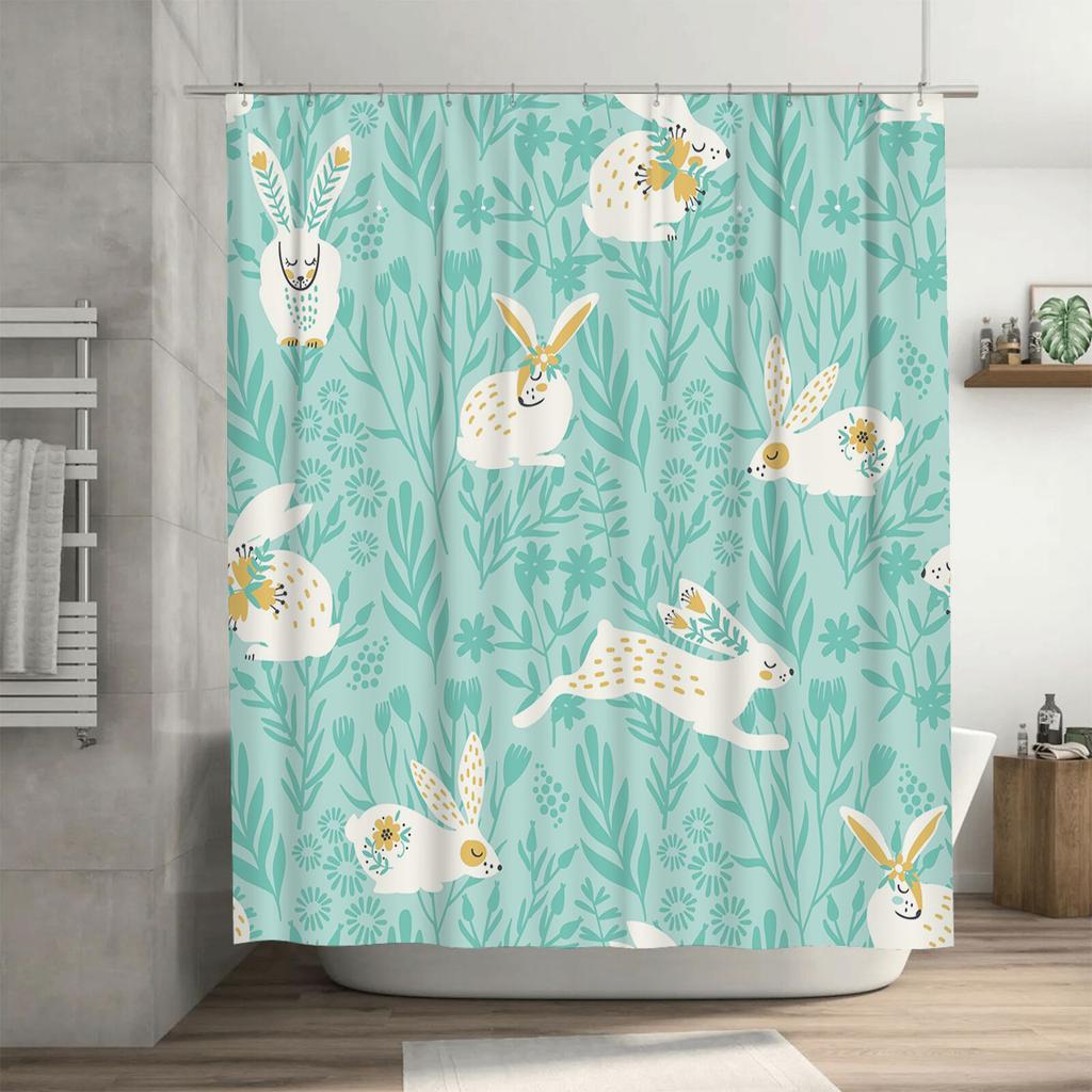 Charming Owl Rabbit Print Shower Curtain Blue Floral Pattern for Bathroom Decor Easy Installation with Hook Rings Set Included (