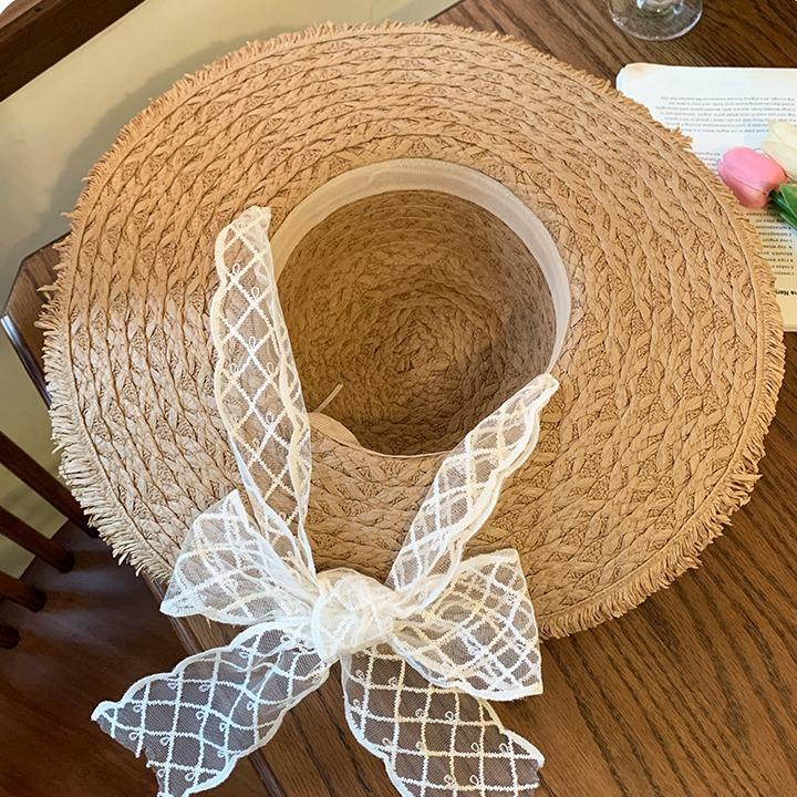 Lace Lace-up Woven Straw Hat Women's Summer Outing Big Brim Five-strand Sun Hat Seaside UV Protection Sand