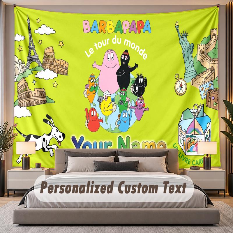 Custom Name Text Tapestry Barbapapa Personalized Polyester Wall Tapestry For Bedroom And Room