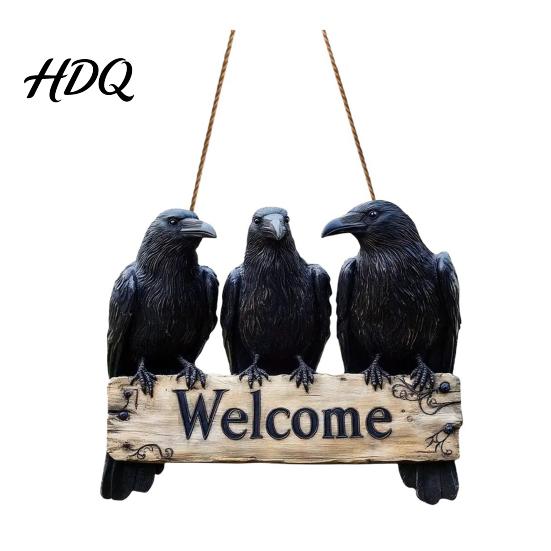 Unique Festival Gift Halloween Crow Door Hanger Sign Wooden Black Welcome Gothic Seasonal Hanging Plaque Rustic Vintage Outdoor Decor for