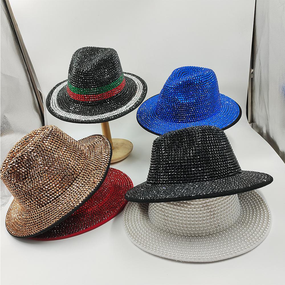 Rhinestone and Pearl Fedoras Jazz Hats for Men and Women Red Matching Black Diamond Fedoras Stage Banquet Cap 2022 Wholesale