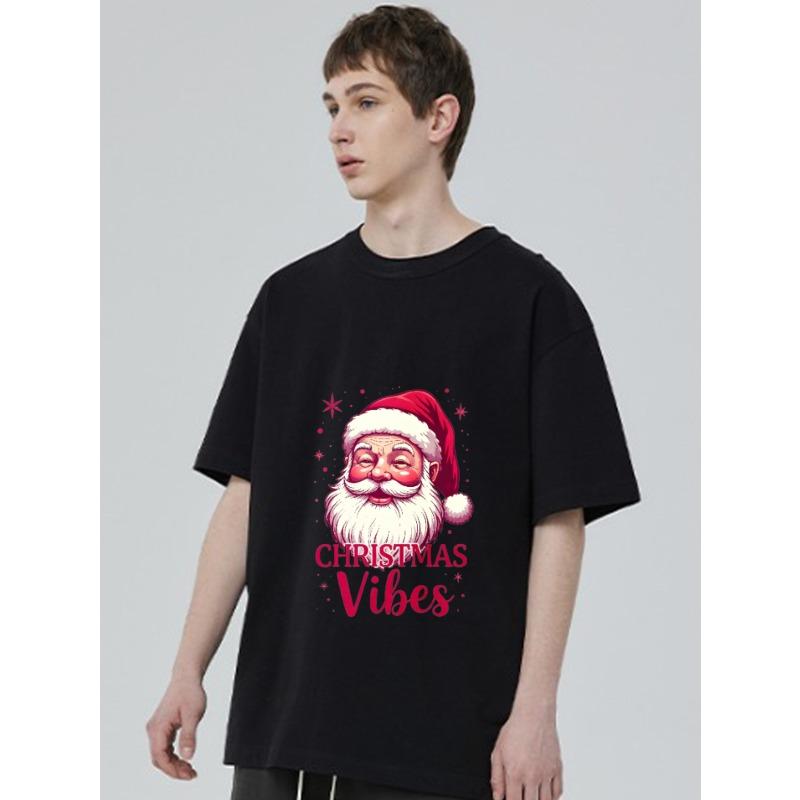 Christmas T Shirt Black Santa Claus Face and Christmas Vibes Print for Holiday Party