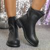 Classic Pu Solid Black Rear Zipper Riding Boots Women 2025 Winter Round Toe Medium Heel Ankle Boots Winter Warm Non Slip Shoes