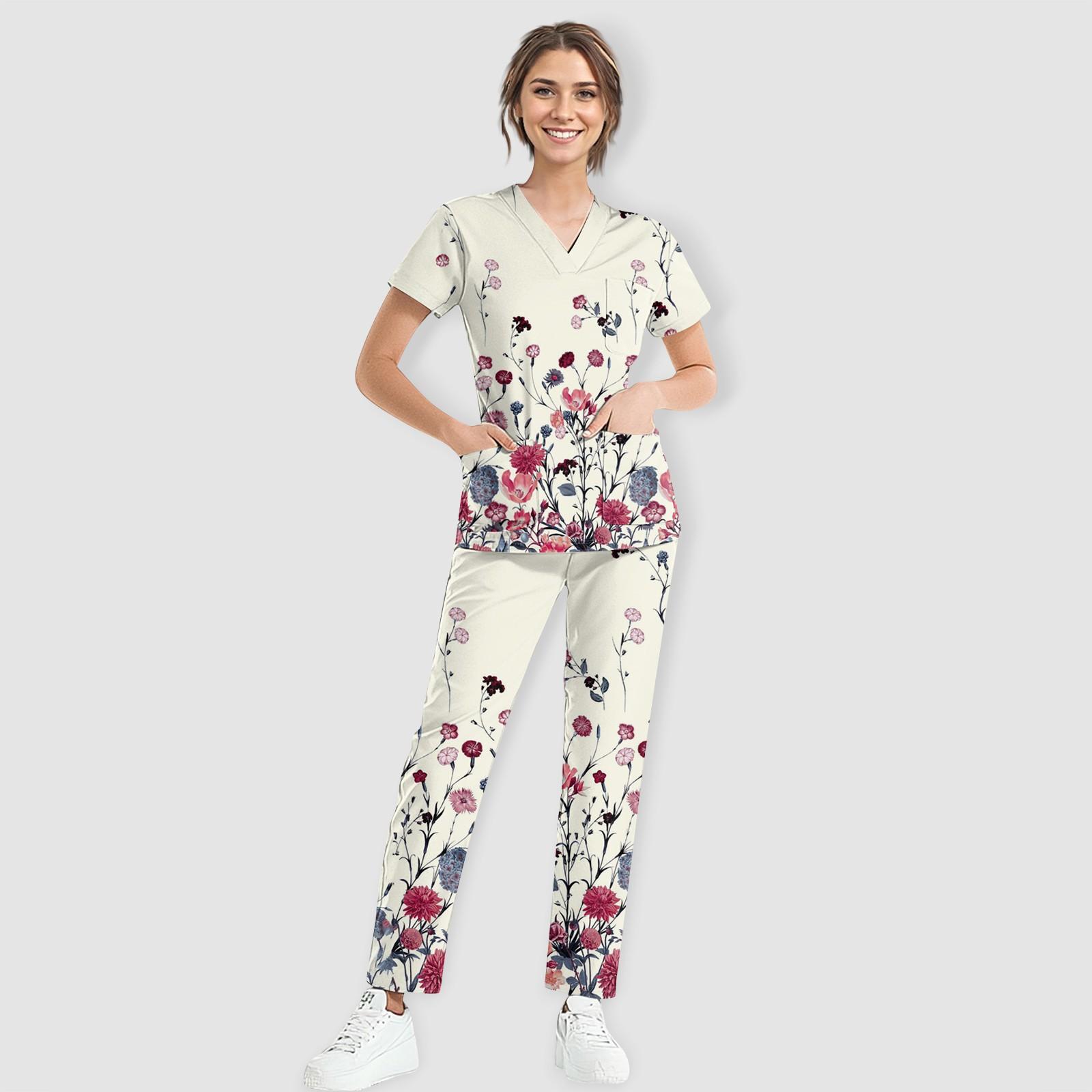 

Женский рабочий топ с коротким рукавом, V-образным вырезом, цветочным принтом, нагрудным карманом, эластичным поясом, брюки, комплект из двух предметов, 3 кармана, женские топы-халаты XXXL бежевый