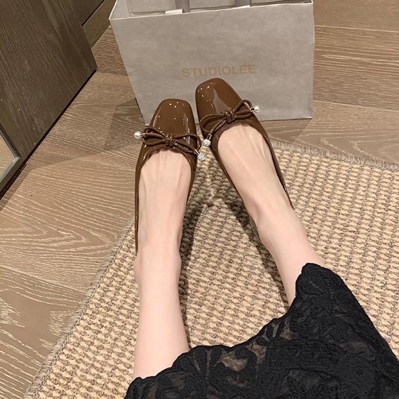 Grape Mom Frida Girl~ Square Head Bow Light Mouth Delicate Pearl Ballet Flat Shoes Lambskin Single Shoes