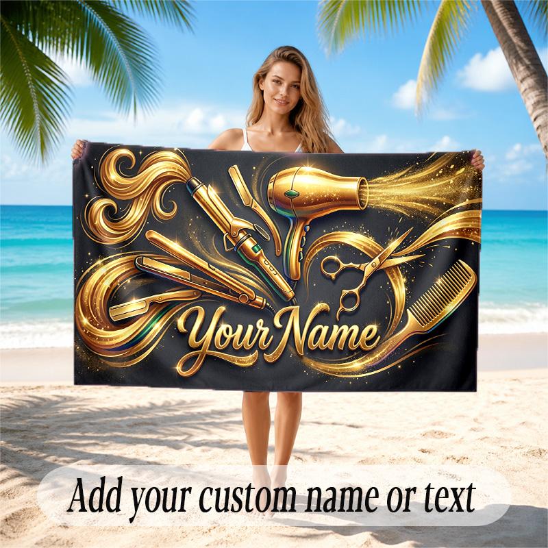 Barber Salon Theme Quick Dry Beach Towel Custom Name Text Print Large Sand Resistant Towel Beach Vacation