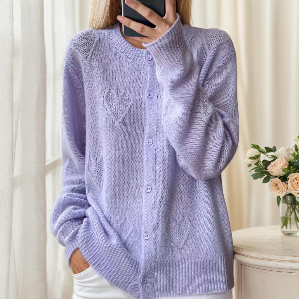 2025 Herbst/Winter Damen Herz Jacquard Lochstrick Cardigan Pullover Mantel