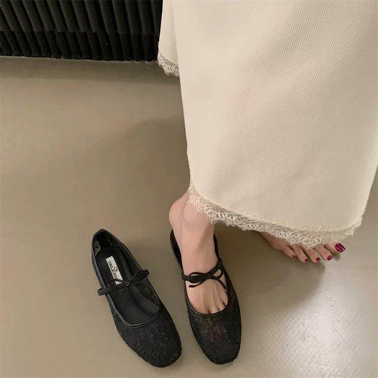 Damen Frühling Sommer Mary Jane Schuhe Ballerinas Atmungsaktives Mesh Stickerei Flats Süße Schleife Weibliche Tägliche Gehsandalen