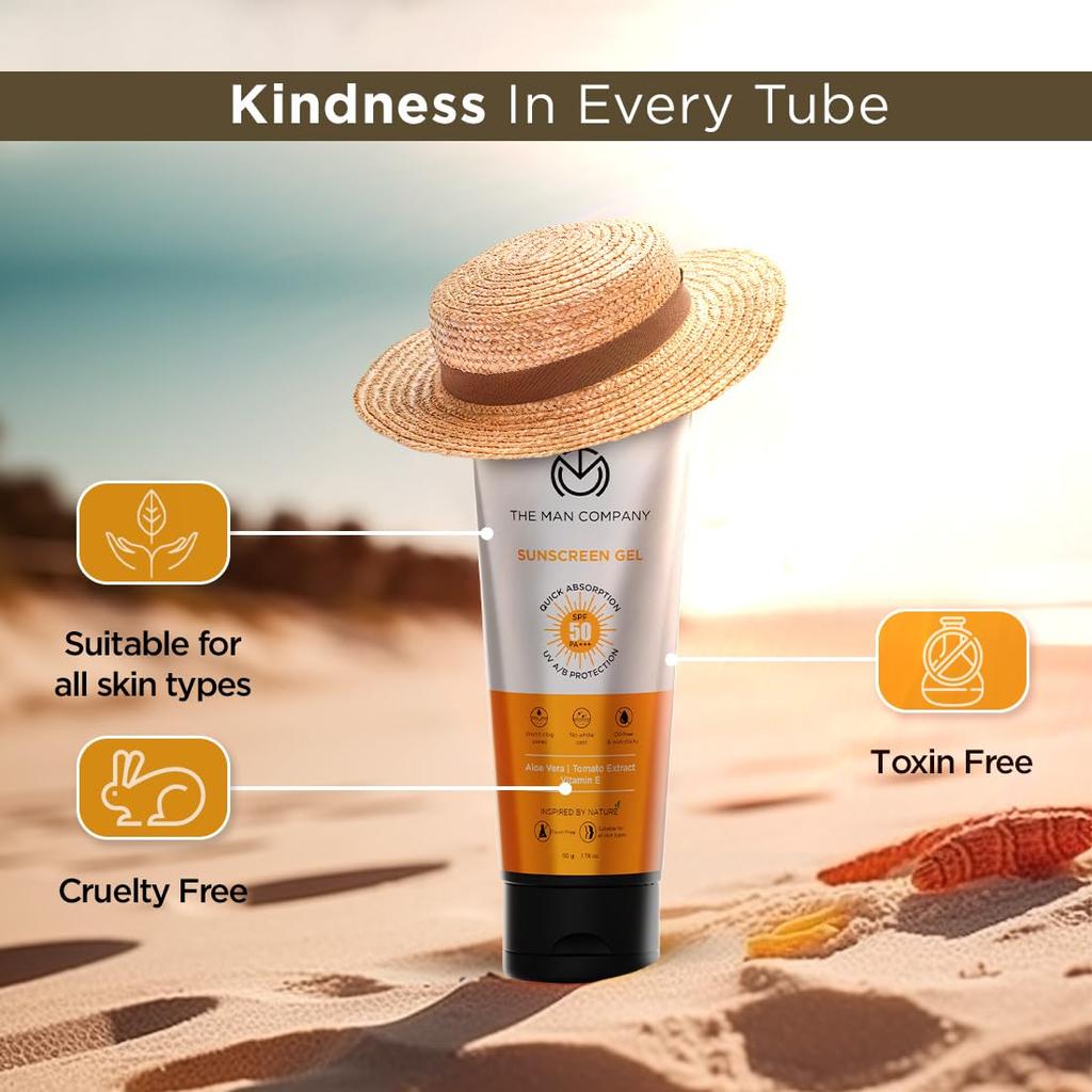 The Man Company Oil-Free Sunscreen Gel SPF 50 PA+++ For Men- 50gm | Infused with Aloe Vera, Tomato Extract & Vitamin E | UV A/B Protection