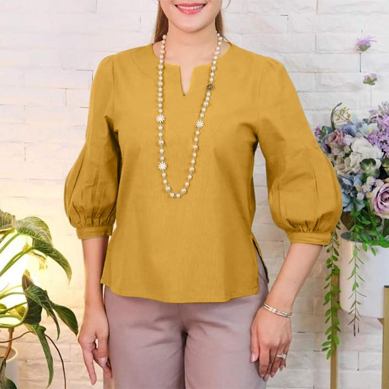 ZANZEA Women Casual V-Neck Solid Color Summer 3/4 Sleeve Blouse