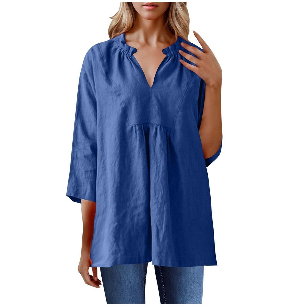 Women's Casual Loose Cotton Linen Solid Color Seven Quarter Sleeve Pleated V-Neck Shirt Top