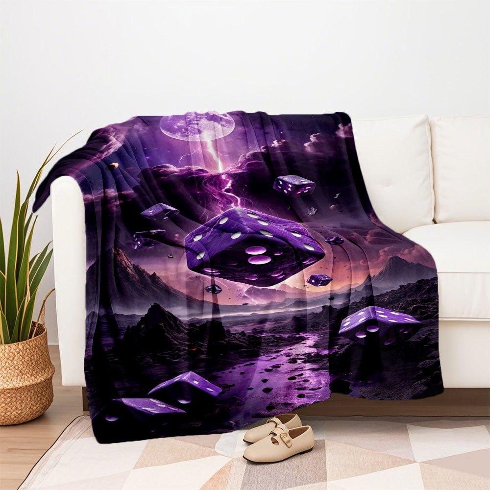 Purple Dice Fantasy Landscape Wall Art PrintBlanket Flannel Throw Blanket for Sofa, Bed, Travel, Camping, Office