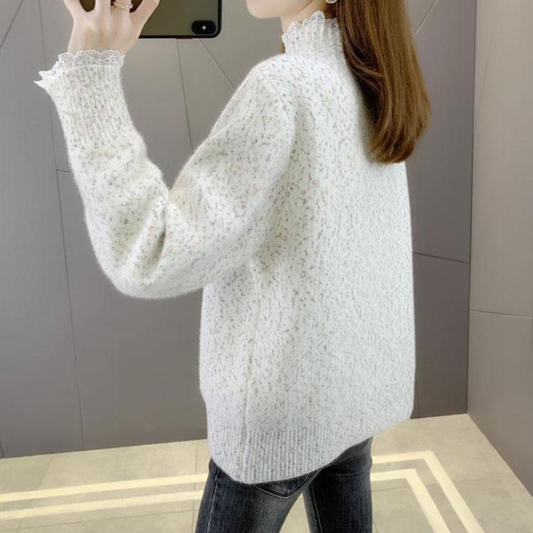 Lace Half High Collar Sweaters Women's Autumn and Winter Large Size Loose Bottom Knitted Pullovers Casual Print Jumpers