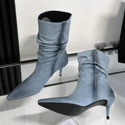 Denim Pleat Ankle Boots Women Autumn Winter Shoes Fashion Pointed Toe Thin High Heels Modern Booties Stretch Slim Cowgirl Boots