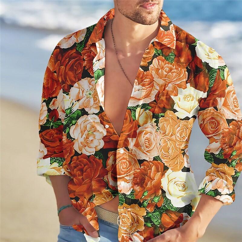 Herrenhemd Modetrend Rosenblüten-Farb-Muster HD-Grafik Lässig Outdoor Straße Herrenbekleidung Frühling und Sommer