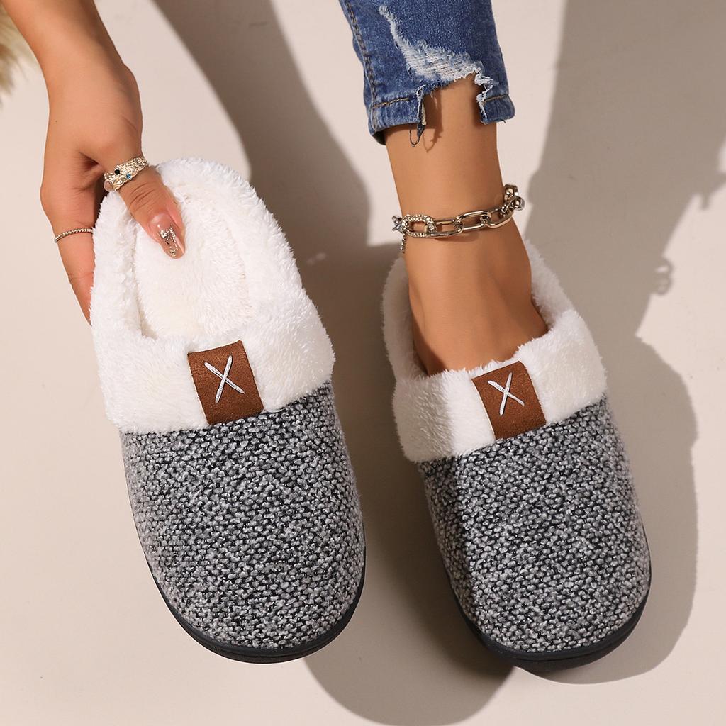 Dark Colored Fur Slippers for Women, Autumn and Winter Indoor Cotton Slippers for Home Warmth, Thick Soled Slippers for Men