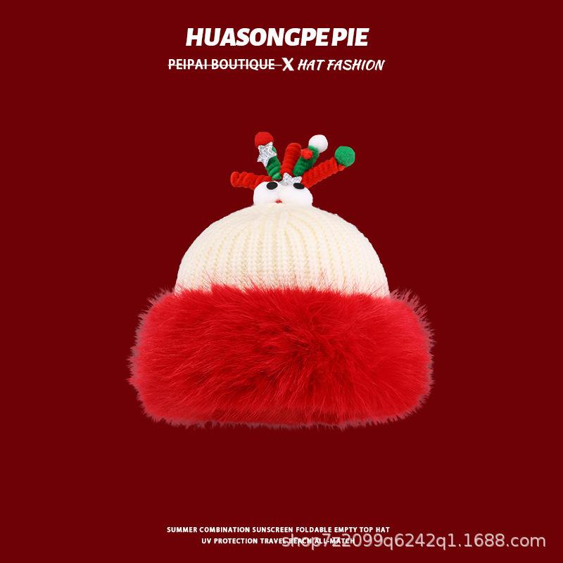 

Christmas hat cute antlers plush thickened warm knitted hat women s plush versatile gift ear protection wool hat men One size fits all