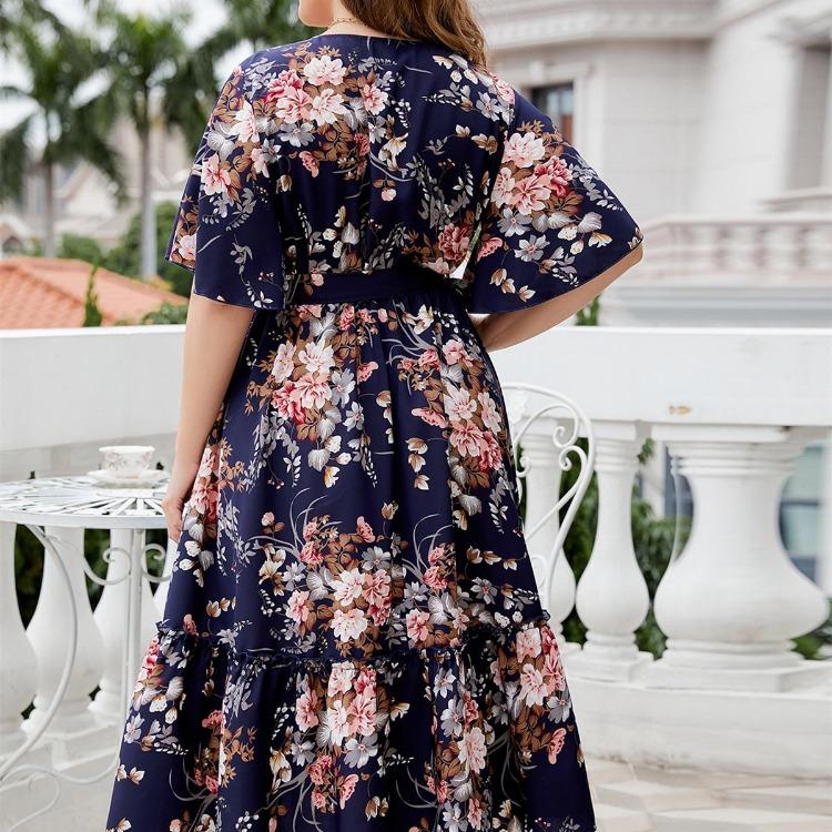 Women Summer Floral Print Casual Dress Short Sleeve V Neck High Waist Large Size Spring Fashion