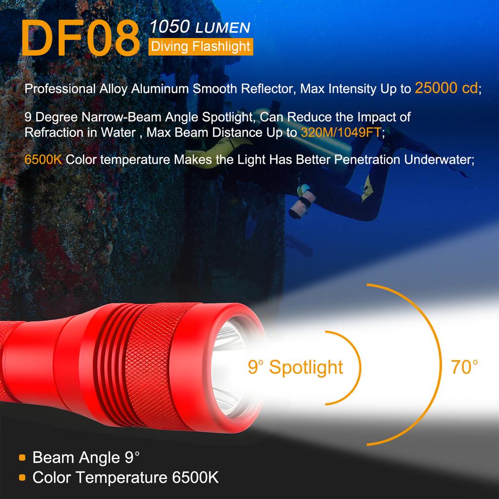 SecurityIng DF08 Scuba Diving Flashlight 1050LM Underwater 150m Deep Waterproof Torch Light with 9 Degree Beam Angle