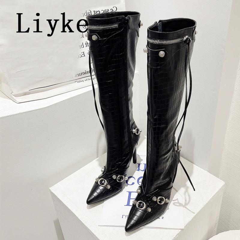 Fashion Liyke 2025 New Sexy Pointed Toe Knee High Boots Women Pole Dance Stiletto Heels Pumps Fashion Tassel Zip Rivet Winter Long Shoes
