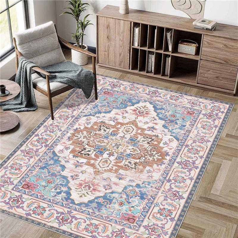 Bohemian Vintage Area Rug Washable Soft Ethnic Style Floor Carpet Non‑Slip Decor Rug for Living Room Bedroom Kitchen Home