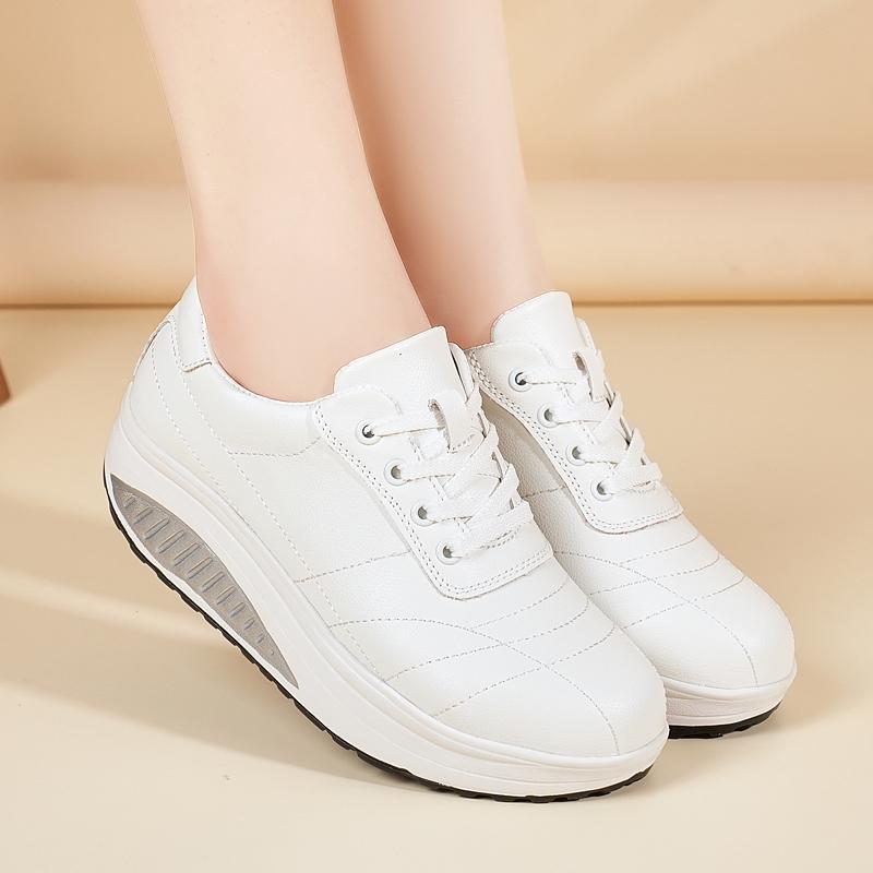Women's Sneakers Height Increase White Leather Platform Casual Simple Thick Sole Elevator Shake Shoes