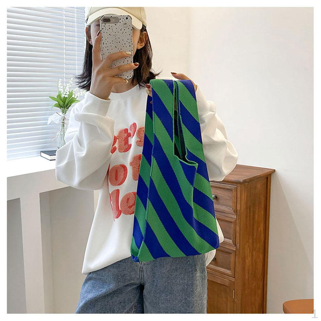 

Woven Large Handbags Knitting Shoulder Bags Travel Casual Grid Pattern Totes for Vacation blue green