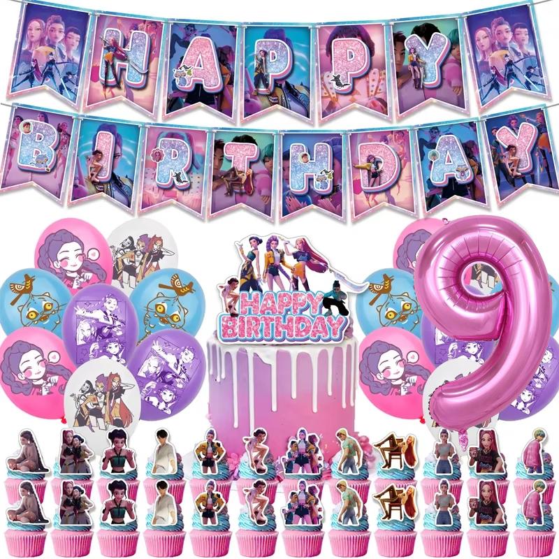 Kpop Demon Birth Date Celebration Decoration Hunter Group Birth Date Celebration Supplies Huntrix Kpop Anime Cake Topper Balloons Hanging Flag