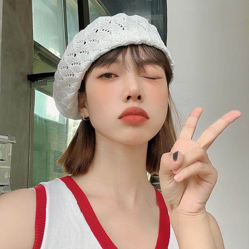 Retro Chic Beret Cap For Women Breathable Knit Summer Sun Protection Casual Wear