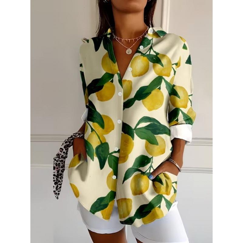 European and American 1D Digital Printing Stand-up Collar Long-sleeved Shirt Women's Loose Hawaiian Style Vacation Casual Top Trend