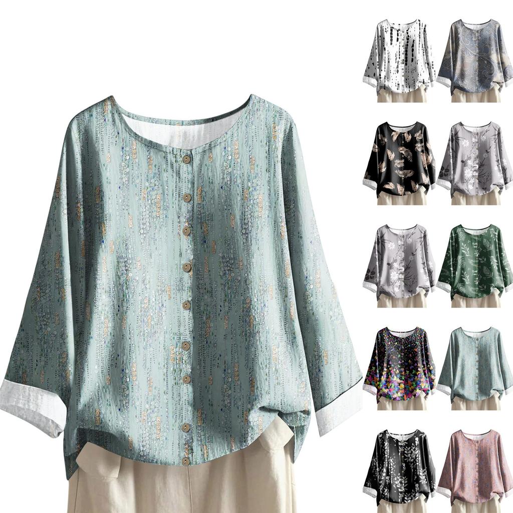 Damen Lässig Langärmlig Rundhals Retro Farbverlauf Bedrucktes Baumwoll- und Leinenoberteil