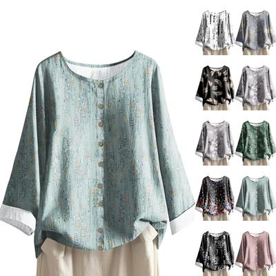 Women's Casual Long-sleeved Round-neck Retro Gradient Printed Cotton And Linen Top