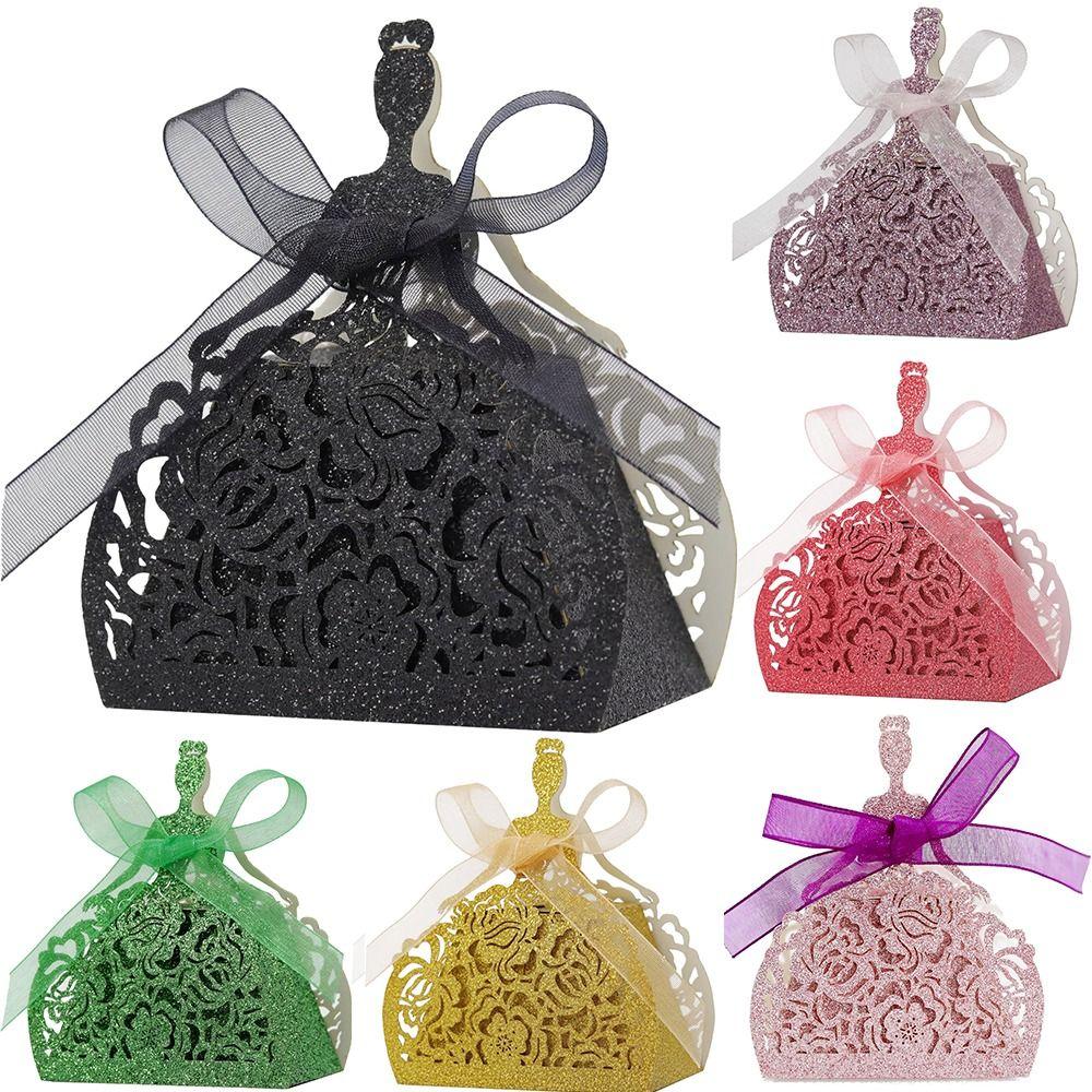 

50 Pcs Glitter Wedding Party Favor Box with Ribbons Wedding Favor Boxes Hot Candy Bag Girls золотий