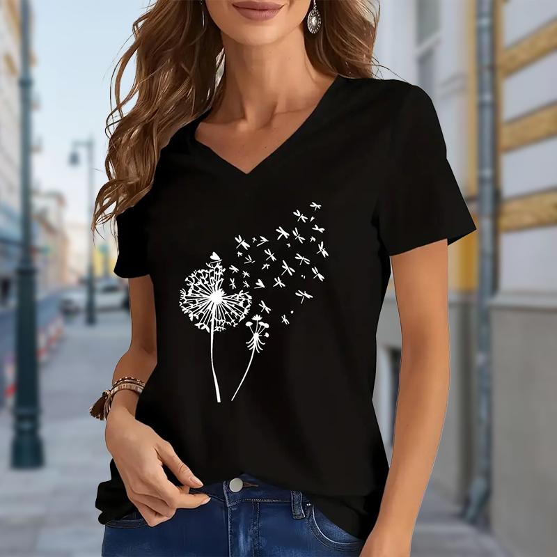 

Модные блузки с рисунком одуванчика, футболки с V-образным вырезом и короткими рукавами, повседневные 8XL чёрный