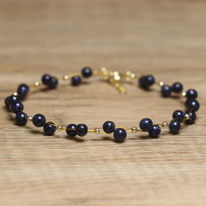 Black Onyx Double Strand Bead Bracelet – Gold Accent Dainty Jewelry, Protection Calm Gift for Women