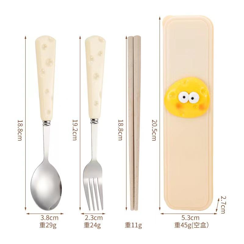 Stainless steel chopsticks spoon fork three-piece set cartoon cheese love student picnic portable tableware set