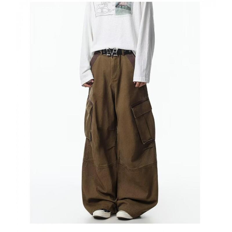 Vintage Washed Pleated Cargo Pants Loose Wide Leg Multi-Pocket Trousers Men Women