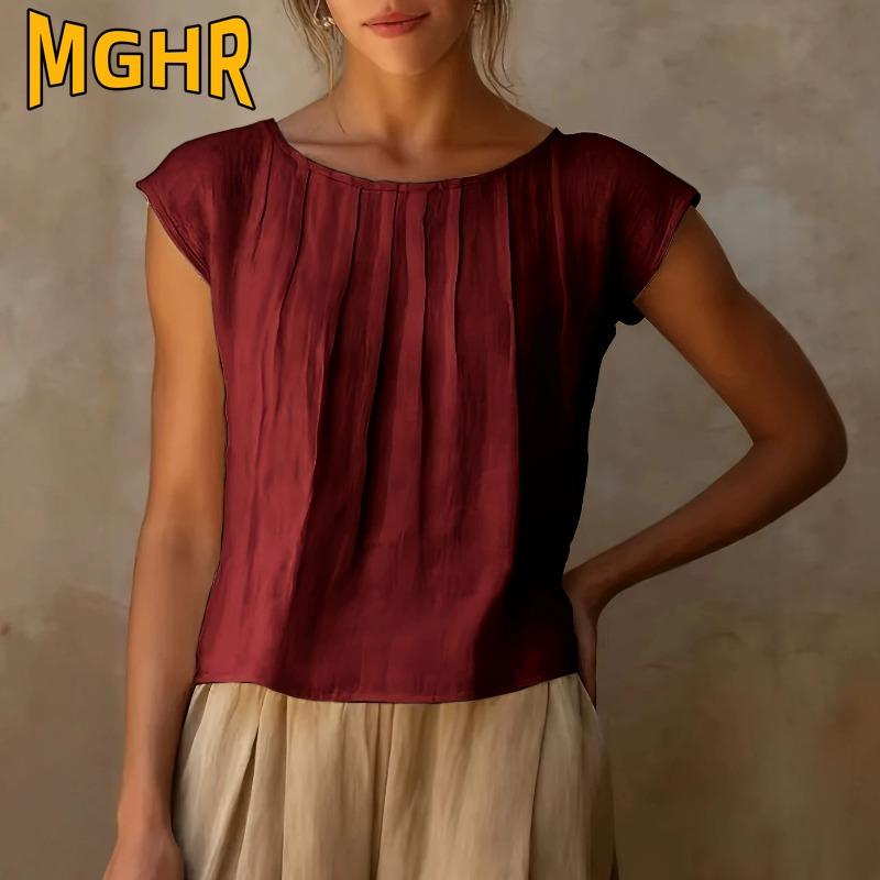 MGHR Women's Fashion Casual Summer Spring O-Neck Short Sleeve Blouses & Shirts