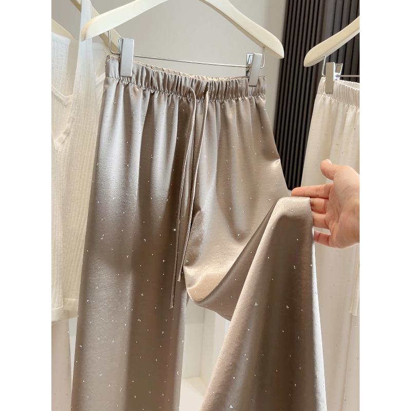 

Summer thin acetic acid satin hot diamond casual wide-leg pants women s small high waist drape cold silk floor pants XL шампанського