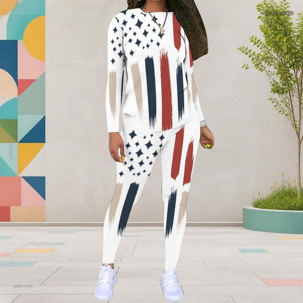 Women Plus Size Round Neck Long Sleeve Printed Top And Fitted Pants Two Piece Set