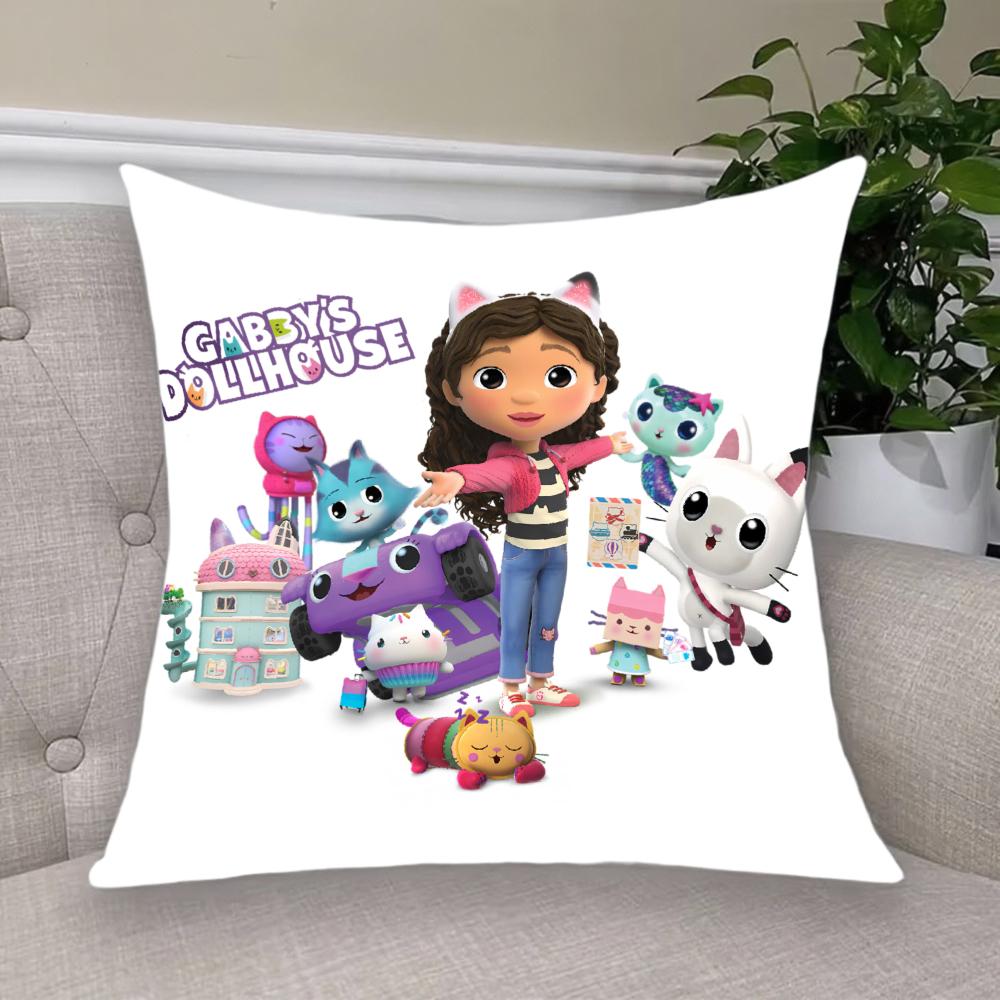 Cartoon Anime Gabby Dollhouse Short Plush Cushion Cover Pillow Case Double-Sided Printing Zipper Closure Sofa Party Home Decor