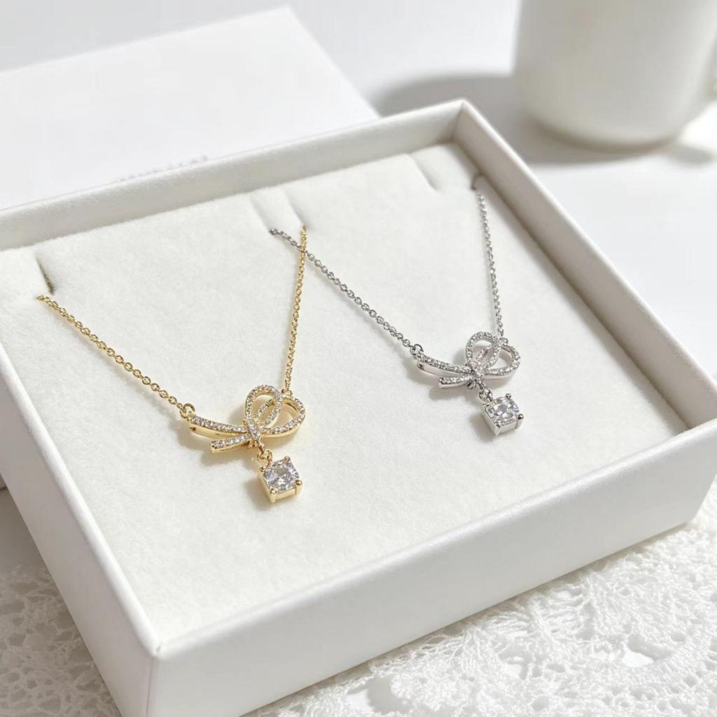 Trendy Sweet Bow Zircon Pendant Necklace for Women - Elegant Clavicle Chain