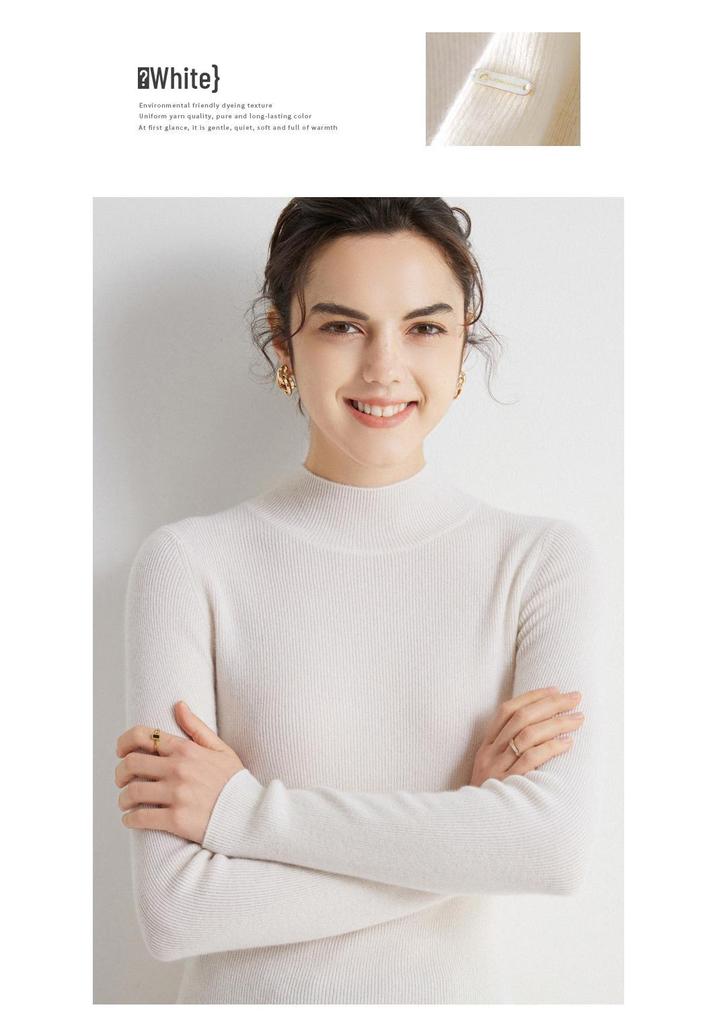 Women's 100% Pure Cashmere Ribbed Slim Fit Half-High Neck Sweater - Long Sleeve Gentle Style Base Layer
