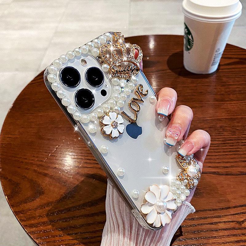 For IPhone16promax Transparent Flower Pearl Mobile Phone Case for Apple 15 Crown Love Female 14plus