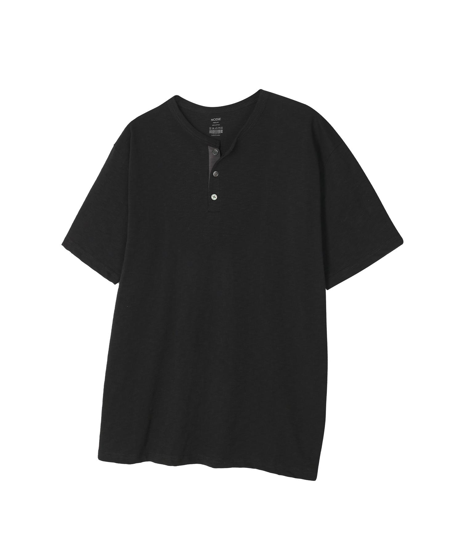 Noise Slub Cotton Henley Neck Short Sleeve T-Shirt - Black Black/L