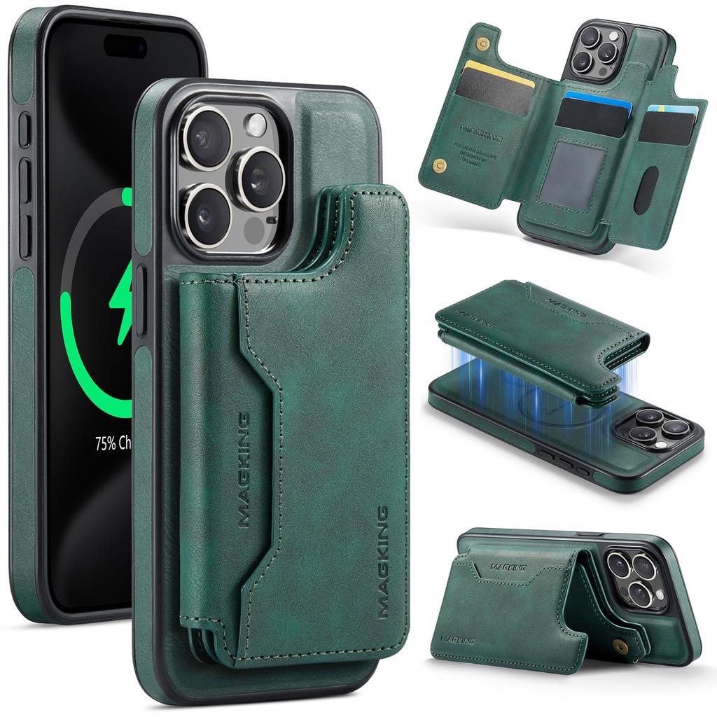 MAGKING K3 Series For iPhone 15 Pro Case Compatible with MagSafe Wallet PC+TPU+PU Phone Cover