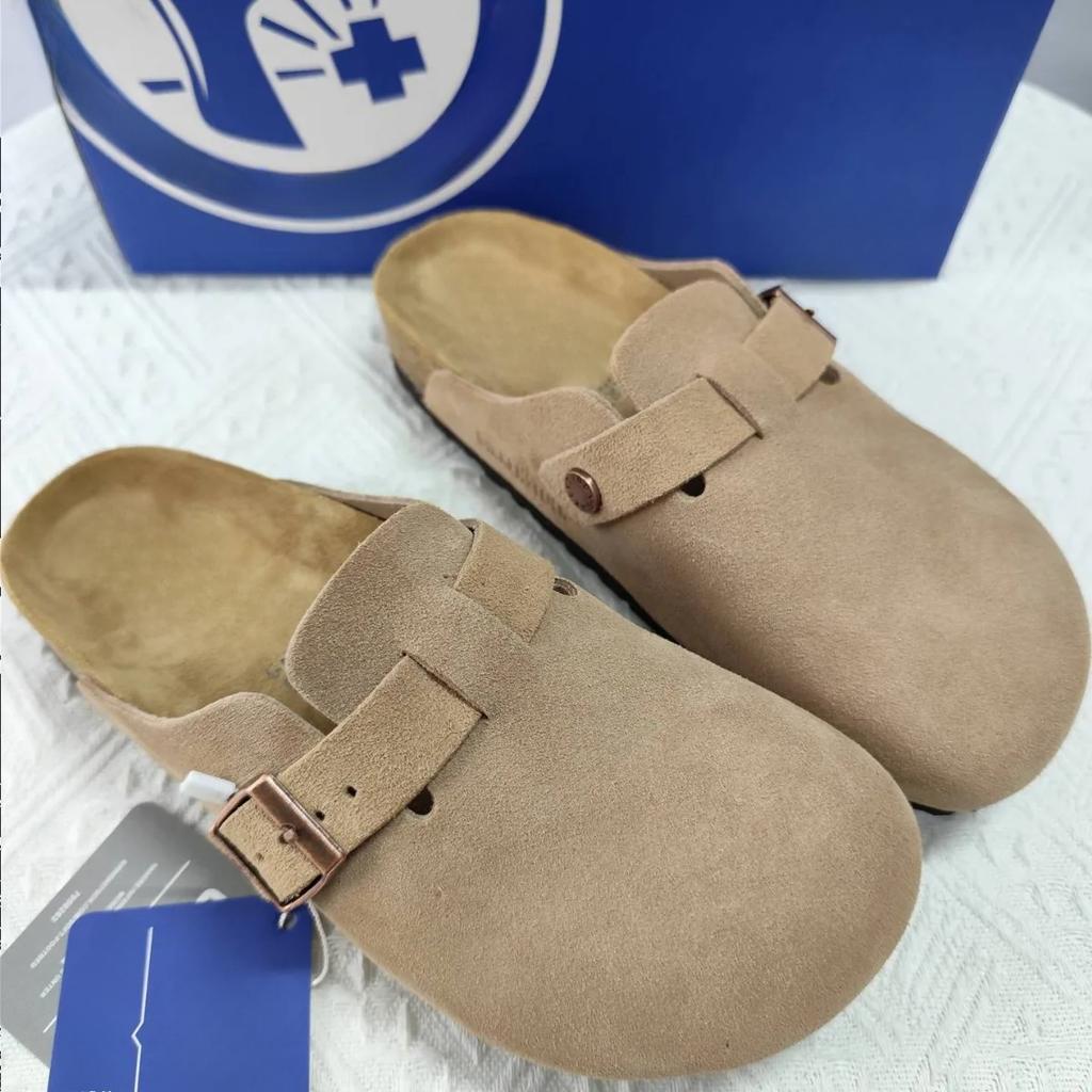 Fashion Slippers Leather Women Loafers Soft Wood Sole Clip-on Vulcanized Slides Women Eva Outsole Arch Support Loose-fit Slippers Woman